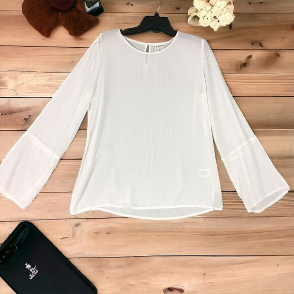 Treasure & Bond Women Size Small Top Pullover Sheer Ivory Bell Sleeves Slit Side - Picture 3 of 16
